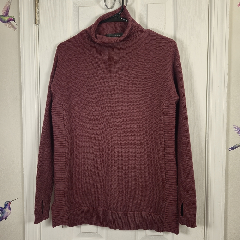 Tahari Plum Mock Neck Tunic Sweater | Thumbhole Detail | S